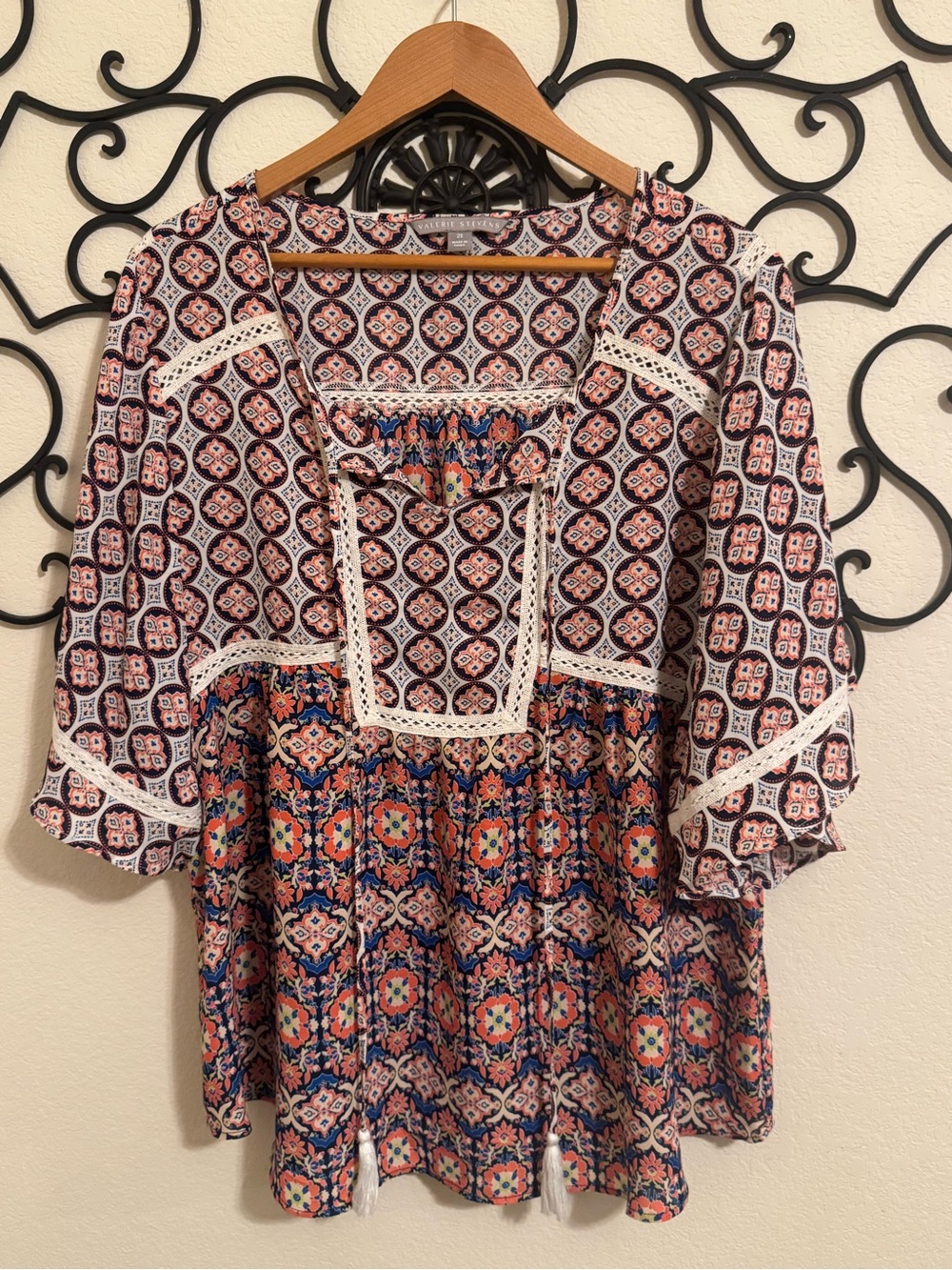 Boho Mixed Print Tassel Tie Peasant Blouse - Picture 2 of 6